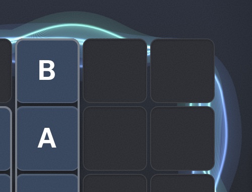 A close-up of the XIS board: glowing letter tiles B and A beside empty squares.
